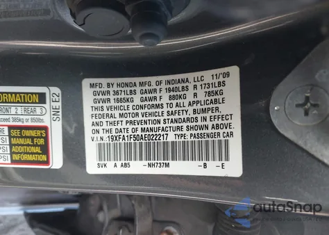 2010 Honda Civic Lx z USA, uszkodzony, nr VIN 19XFA1F50AE022217